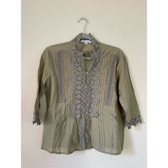 Favlux Green Striped Floral Embroidered 3/4 Sleeve Button Down‎ - Picture 4 of 8